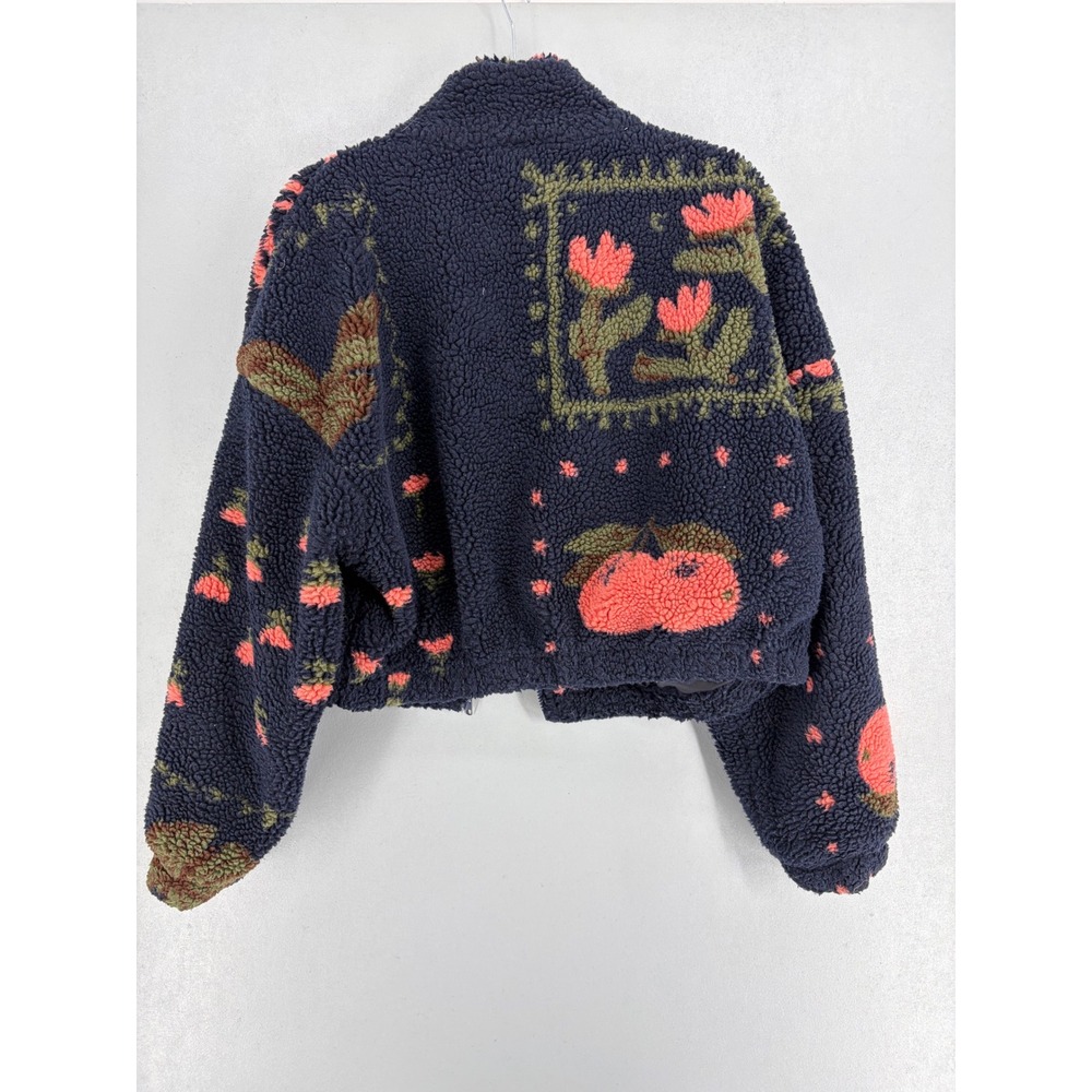 Cider Womens Jacket Navy Blue Floral Fruit Sherpa Fleece Zip Up M - Picture 3 of 5